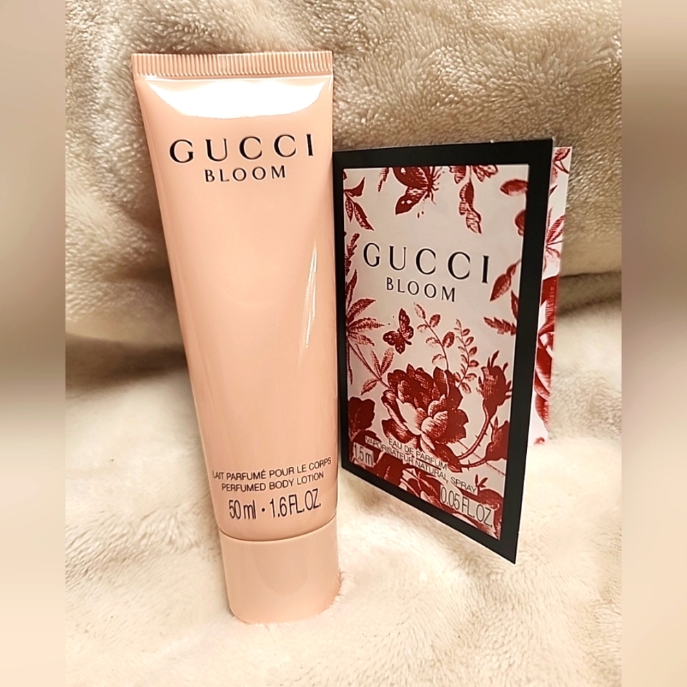 New Women's Gucci Bloom Perfumed Body Lotion 1.6oz & EDP Sample Spray .05oz